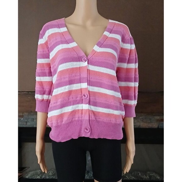 Womens Pink Striped Knit Button Front Cardigan Half Sleeve Sweater Casual Modest - Picture 1 of 11